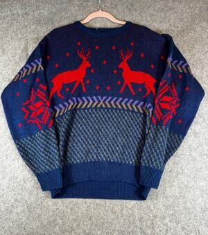 VTG 60s Pinnacle Sweater Mens Medium Blue Reindeer Fair Isle Knit Pullover